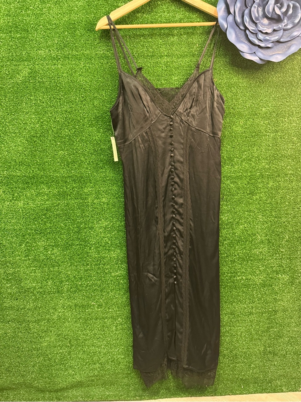 Anthropologie Black Satin lace trim Slip Gown dress Button Front size 12 NEW